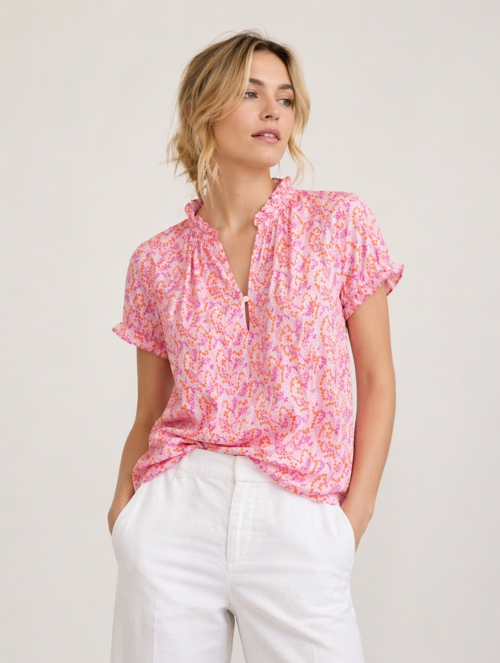 Banjanam Pink & Orange Floral Ruffle-Neck Short Sleeve Top, Medium, 100% Cotton